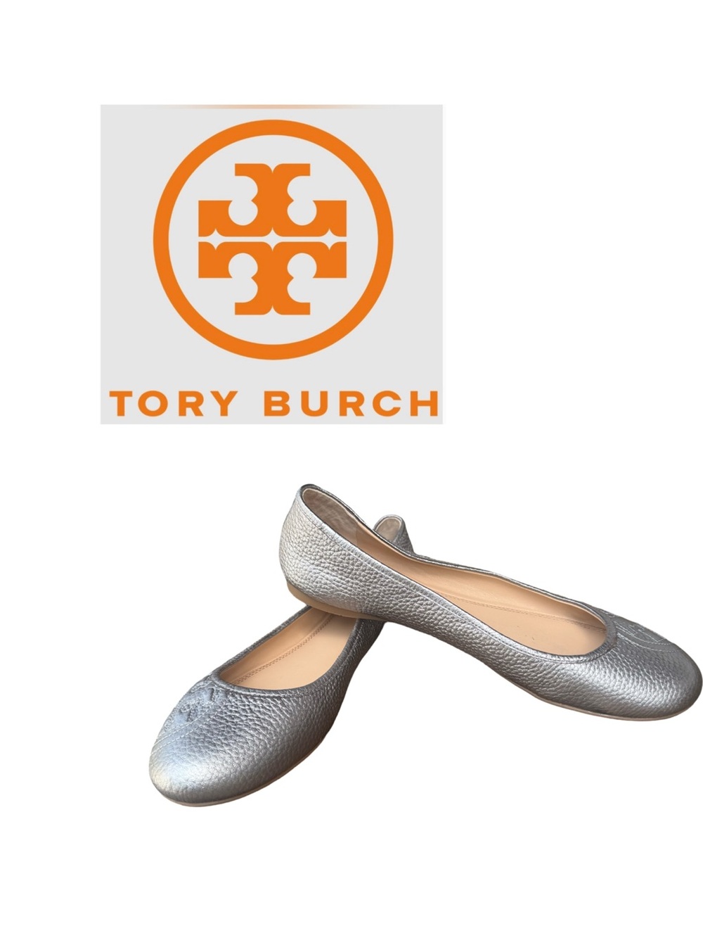 Tory Burch Ruby Silver Pebbled Leather Ballet Flats Size 10.5